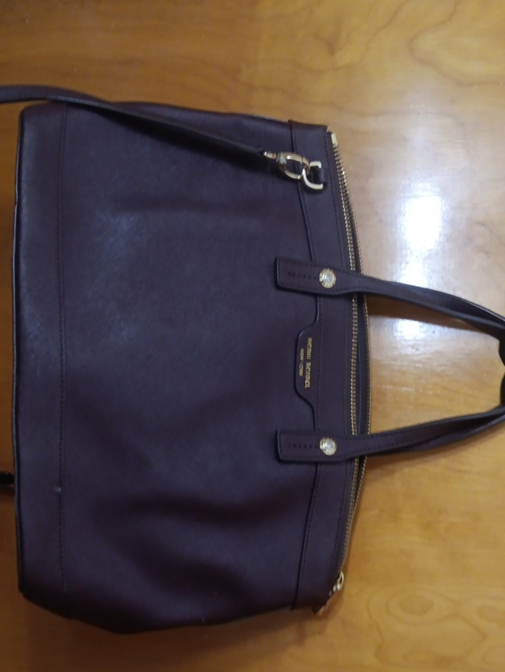 Dark Brown/Wine Henri Bendel Leather Tote with Gold Accents